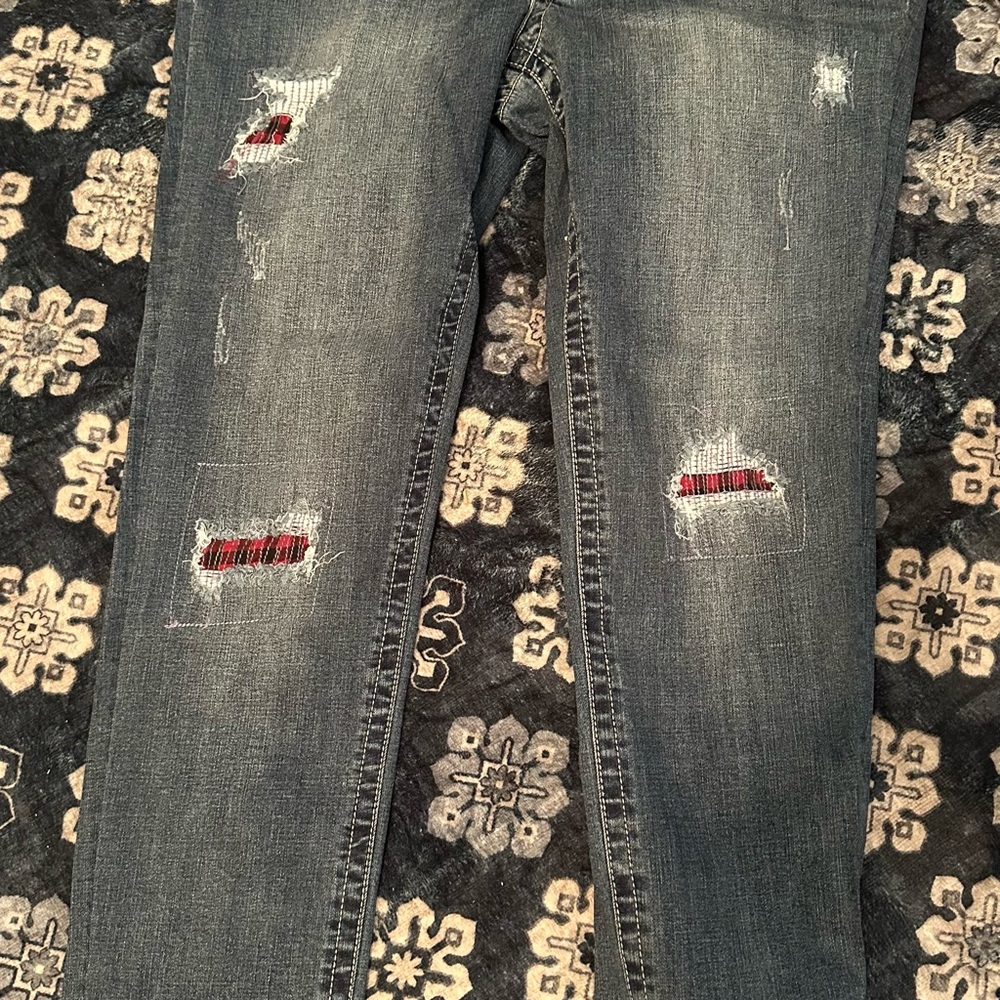 EST 1946 Denim Distressed Blue Jeans with Red Plaid Patches